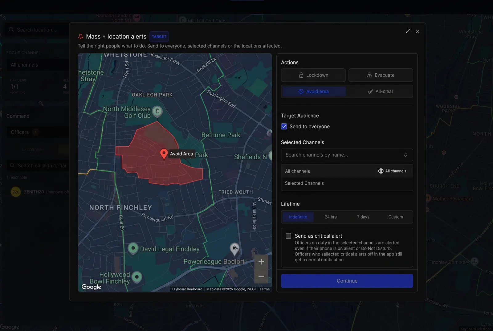 The OnSiren mass + location alert console: an instruction being addressed to every channel or only the area affected, with that area drawn on the map