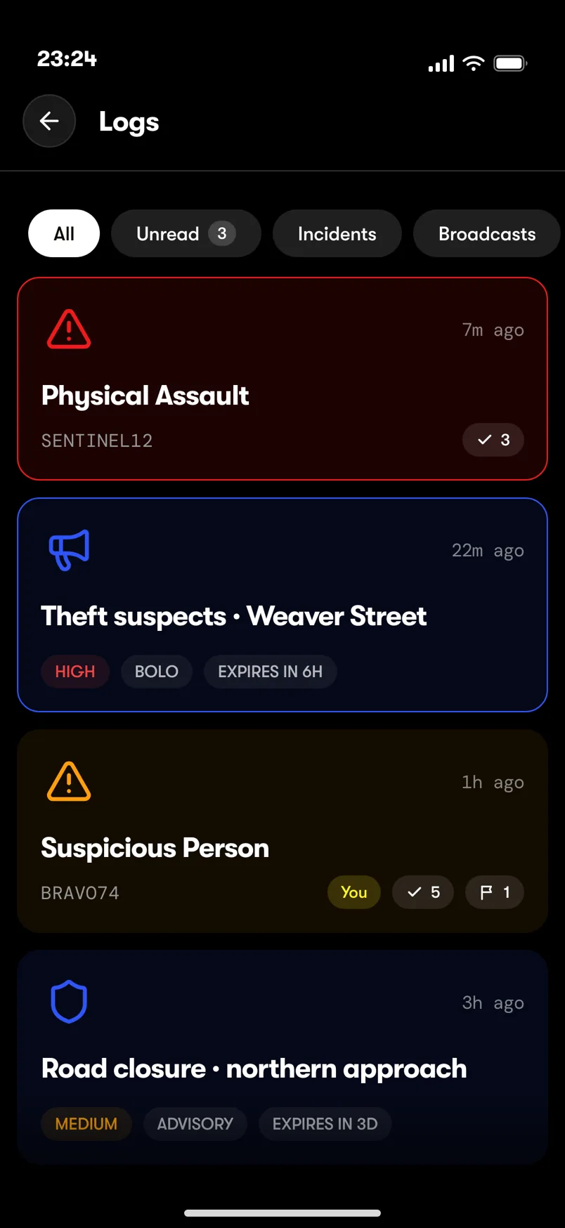 The OnSiren app Logs screen: a physical assault alert, a BOLO, a suspicious-person report and a road-closure advisory, with acknowledgement counts.