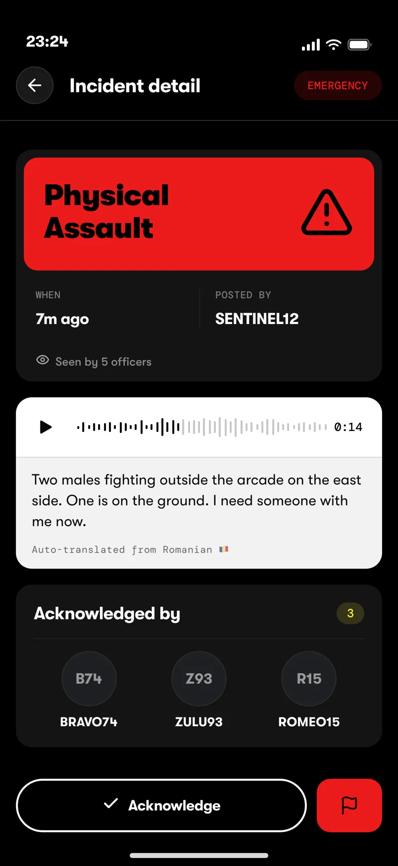An OnSiren incident log entry — the emergency category, who posted it, the voice note and its translated transcript