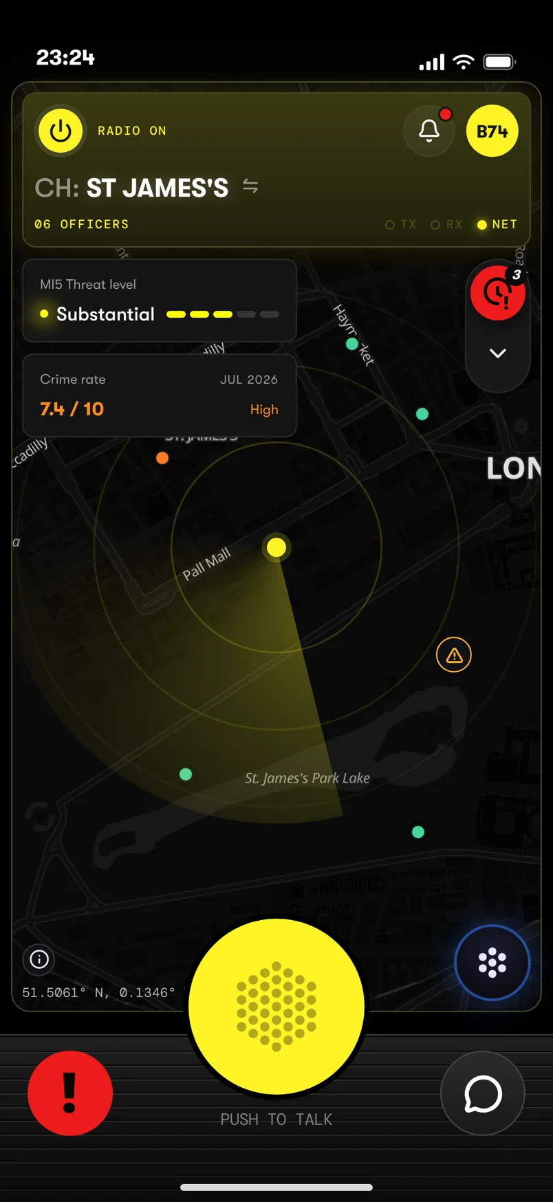 The OnSiren app map: the St James’s channel with six officers on it, the MI5 threat level, the local crime rate and a push-to-talk button. Radio transmissions in Polish, Spanish and Romanian are captioned and translated into English.