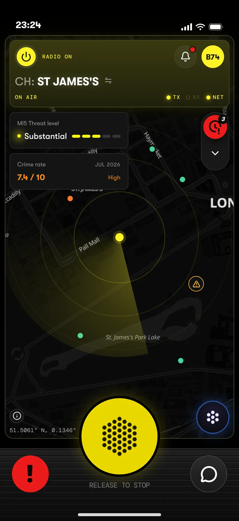 The OnSiren map screen transmitting — the channel faceplate reading ON AIR and the push-to-talk disc lit