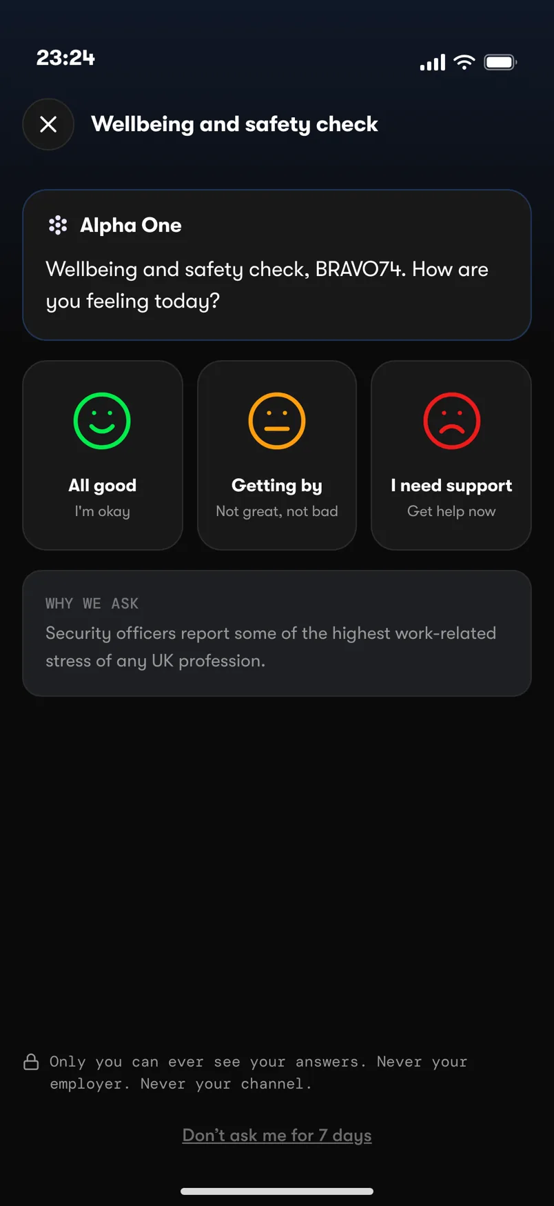 The OnSiren safety check — Alpha One asking how the officer is, the three answers, and the line reading Only you can ever see your answers