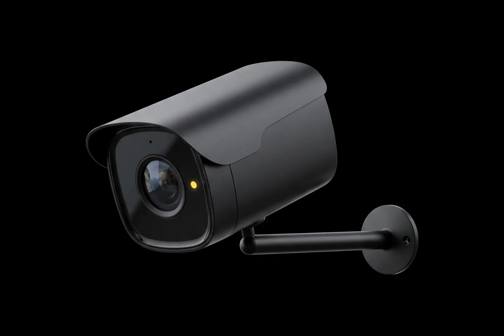 Camera concept: a black security camera on a wall arm with a yellow status light