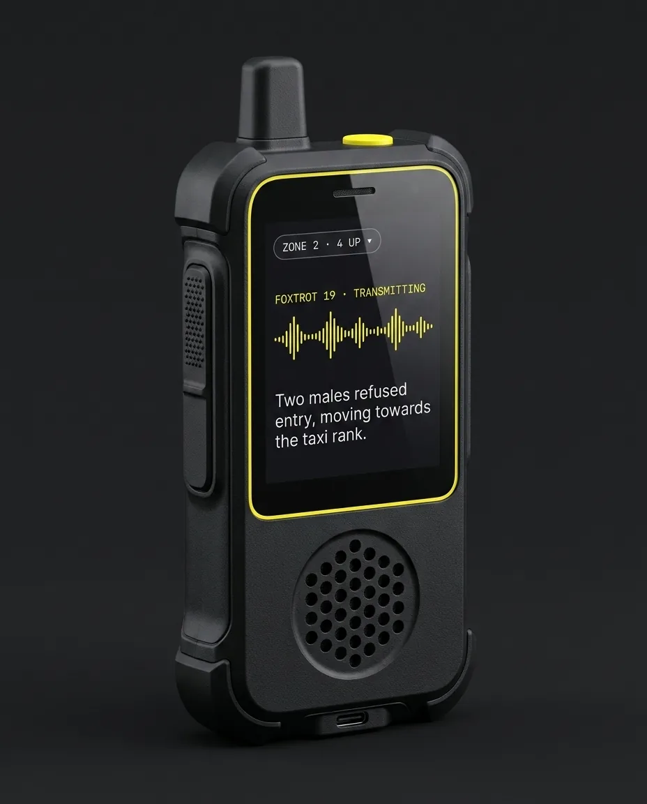 Hornet concept: a black handheld radio with yellow detailing and a screen