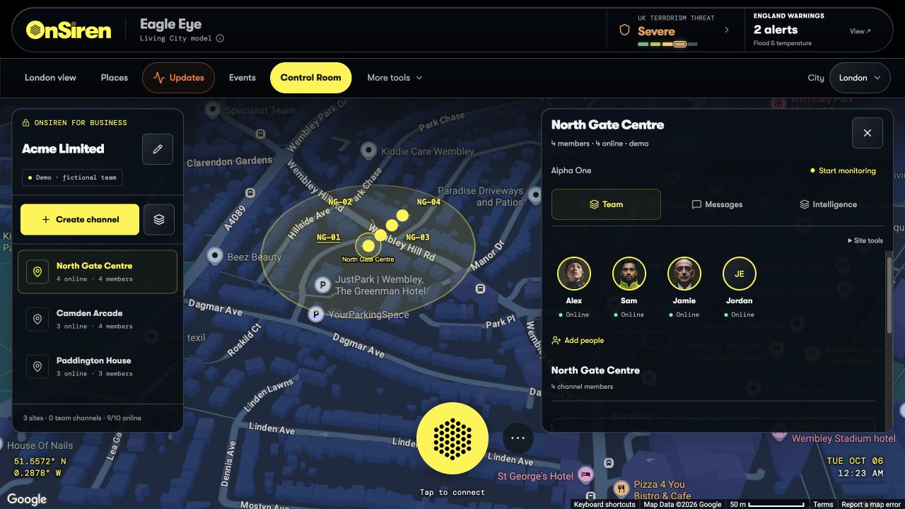 Actual OnSiren demo showing the 3D map, Alpha One grille and online team