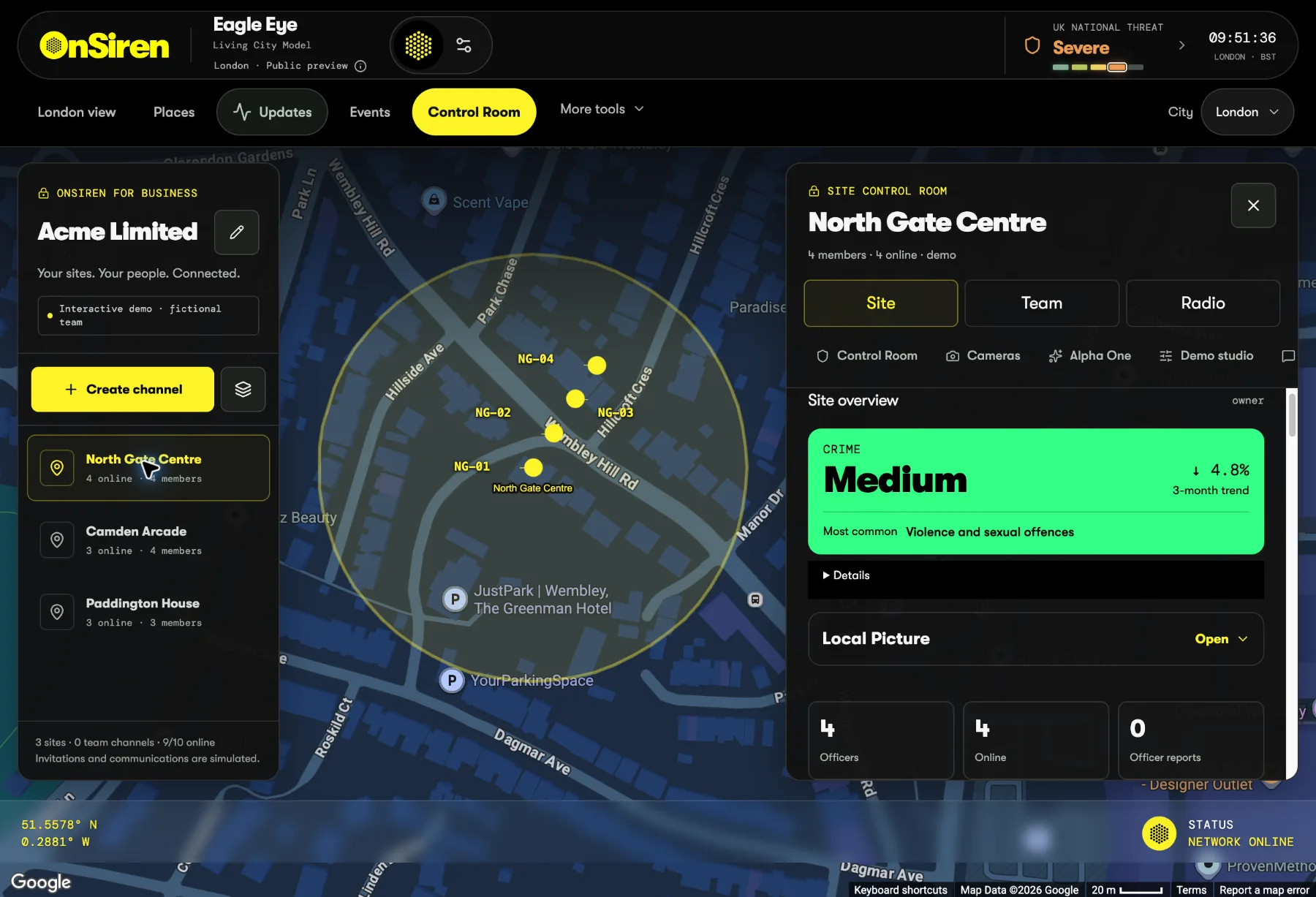 Control Room demo: a private team channel with four call-sign markers on the map