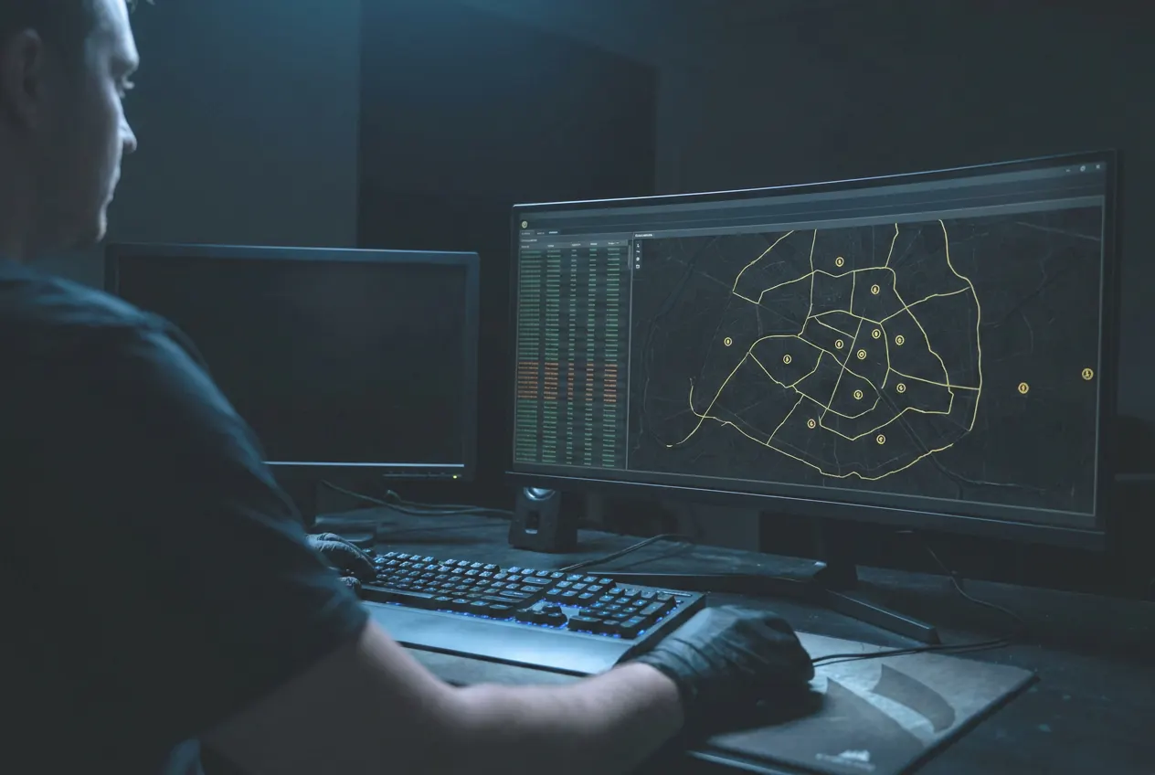 An operator at a darkened control desk, a live channel map on the screen