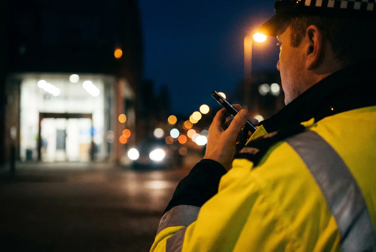 An officer in hi-vis checking a phone on a street at night
