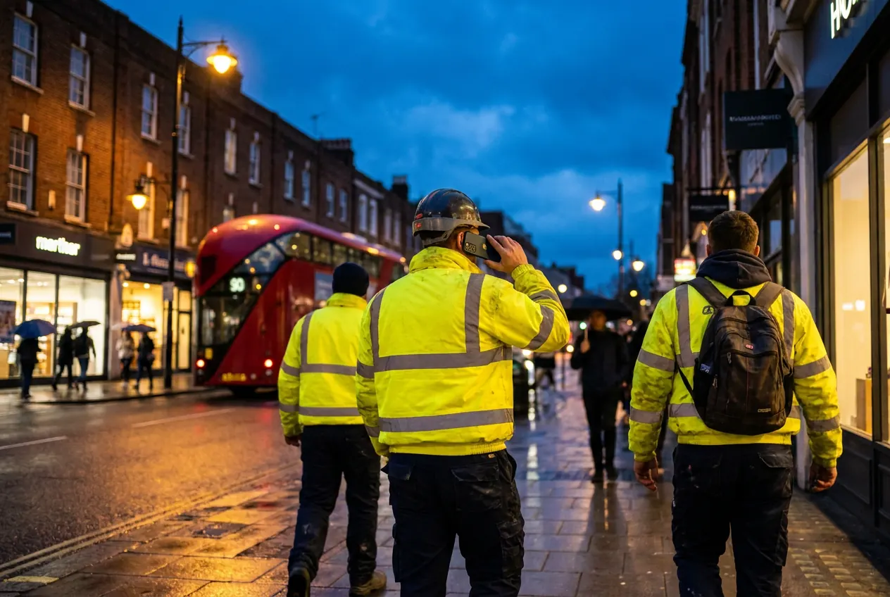 Three workers in hi-vis walking a city street at dusk, one of them on a phone