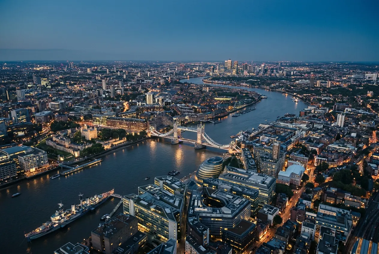 An aerial view of London and the Thames at dusk