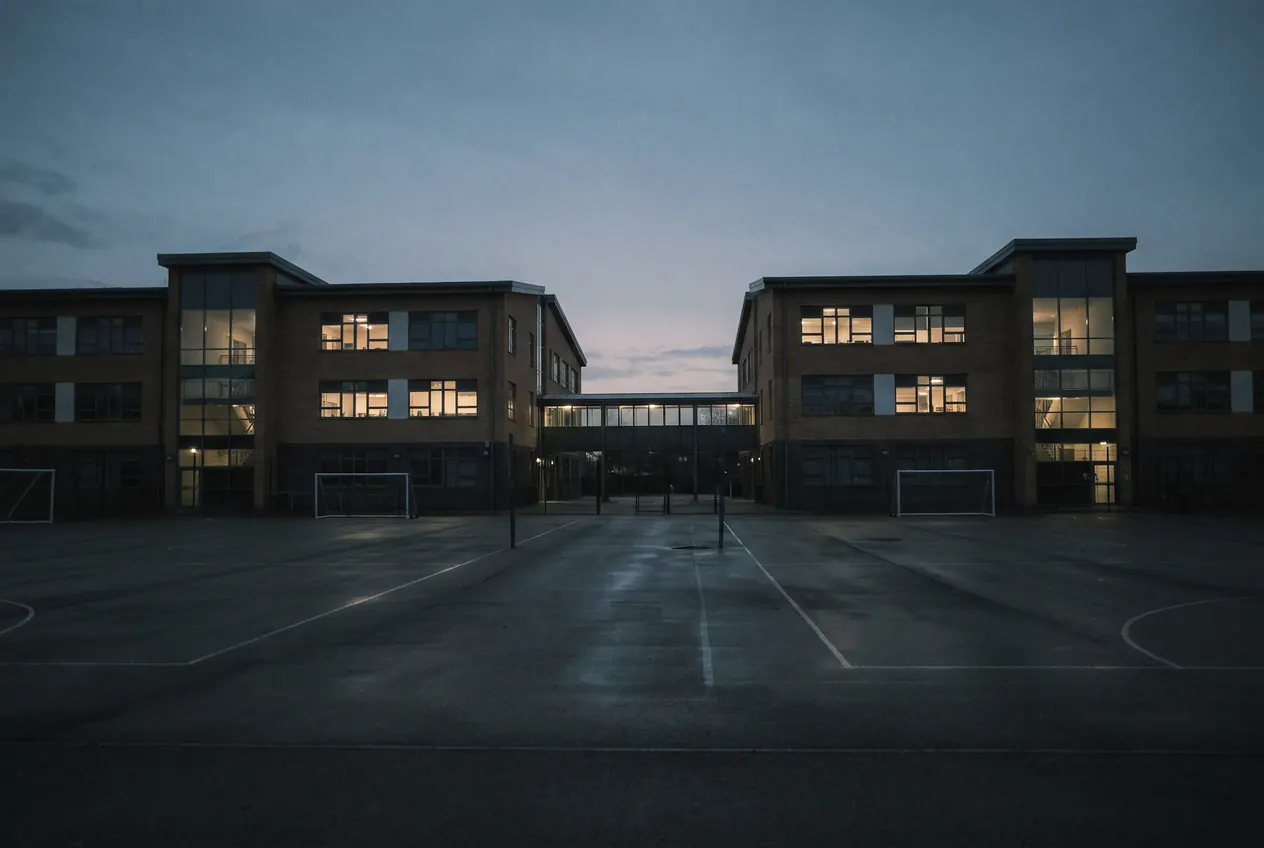 Two lit school buildings facing each other across an empty playground at dusk