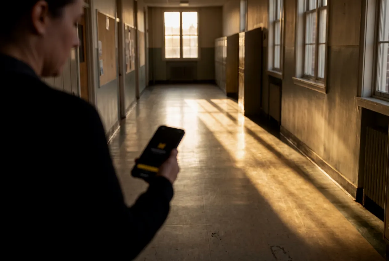 A staff member in a sunlit school corridor holding a phone with an alert on the screen