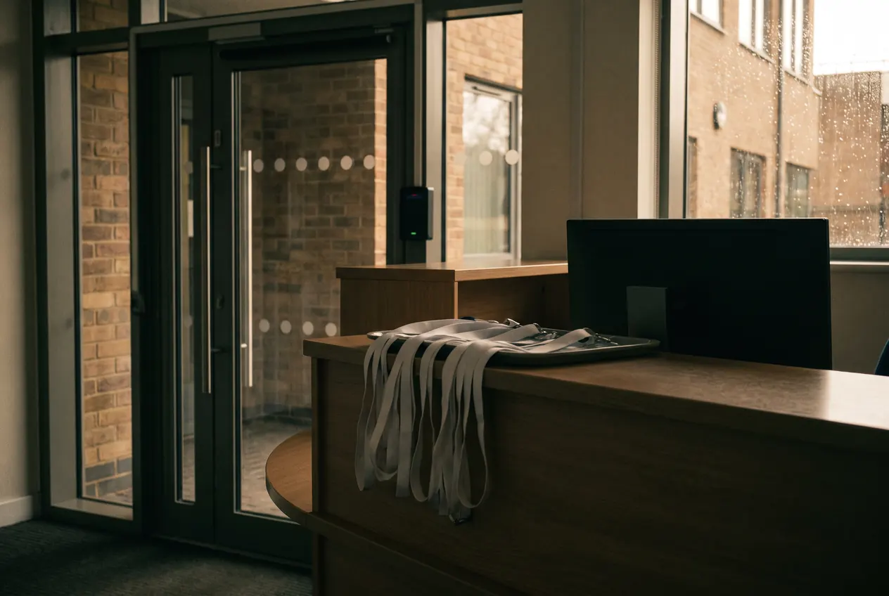 A school reception desk with visitor lanyards laid out beside the secure entrance door