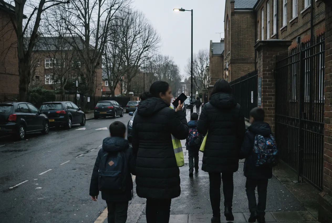 A staff member in hi-vis checking a phone while walking pupils along the pavement outside school