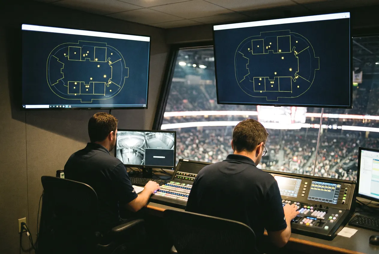 Two operators at a venue control desk, seating-bowl maps on the screens above them