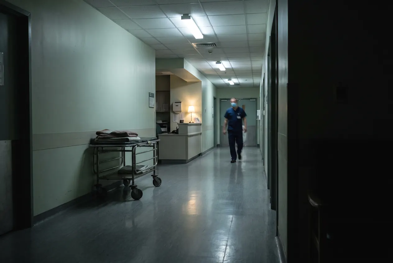 A member of staff walking a quiet hospital corridor past the nurses’ station at night
