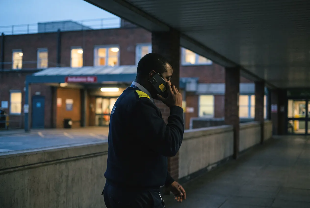 A security officer on a phone outside a hospital ambulance bay at dusk