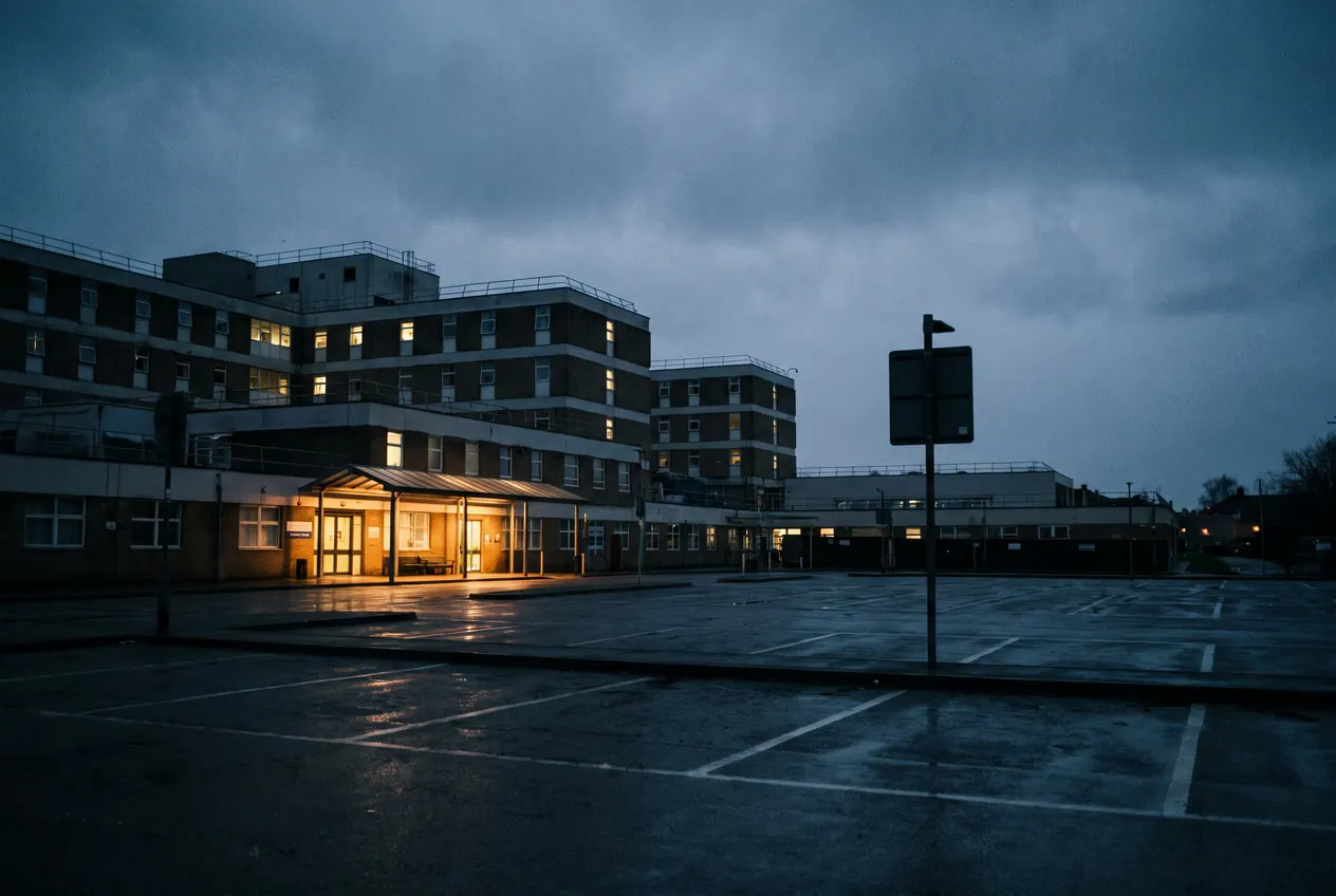 A lit hospital entrance across an empty car park on a wet evening
