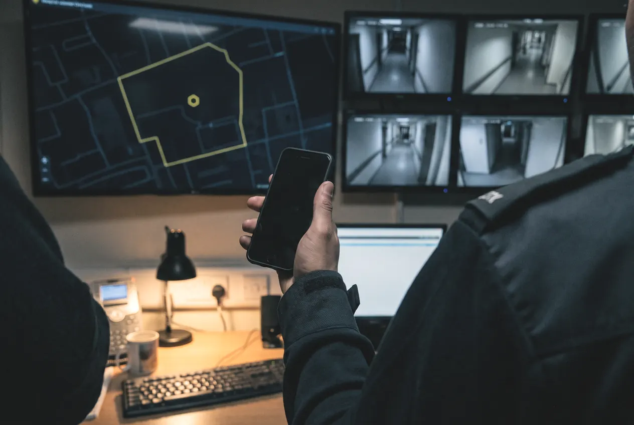A site control room: a zone map and CCTV corridor views on the wall, an officer holding a phone