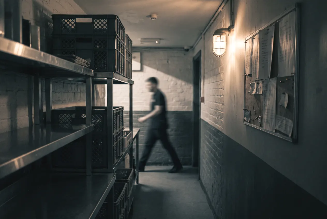 A member of staff crossing a back-of-house corridor behind a bar