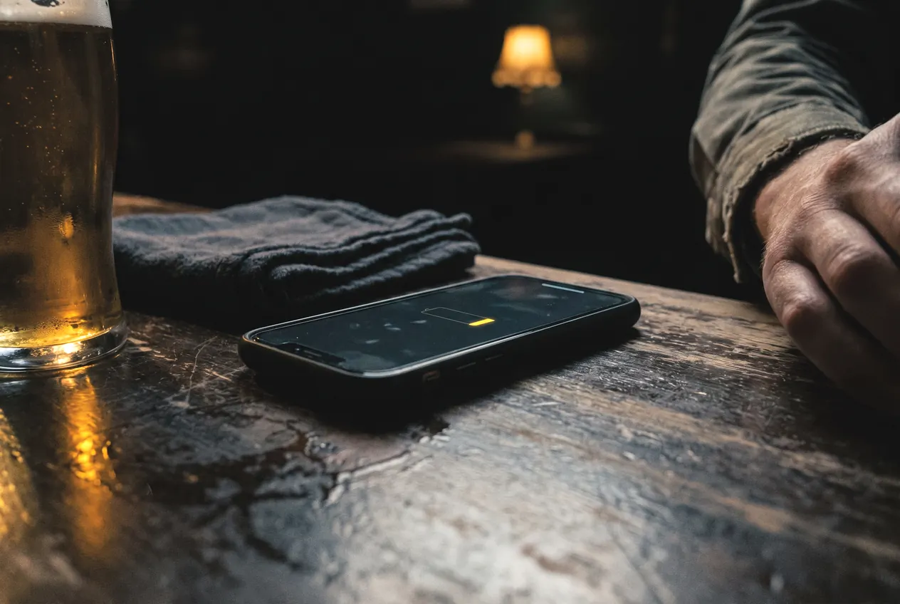 A phone face-up on a bar table beside a pint, one alert showing on the screen