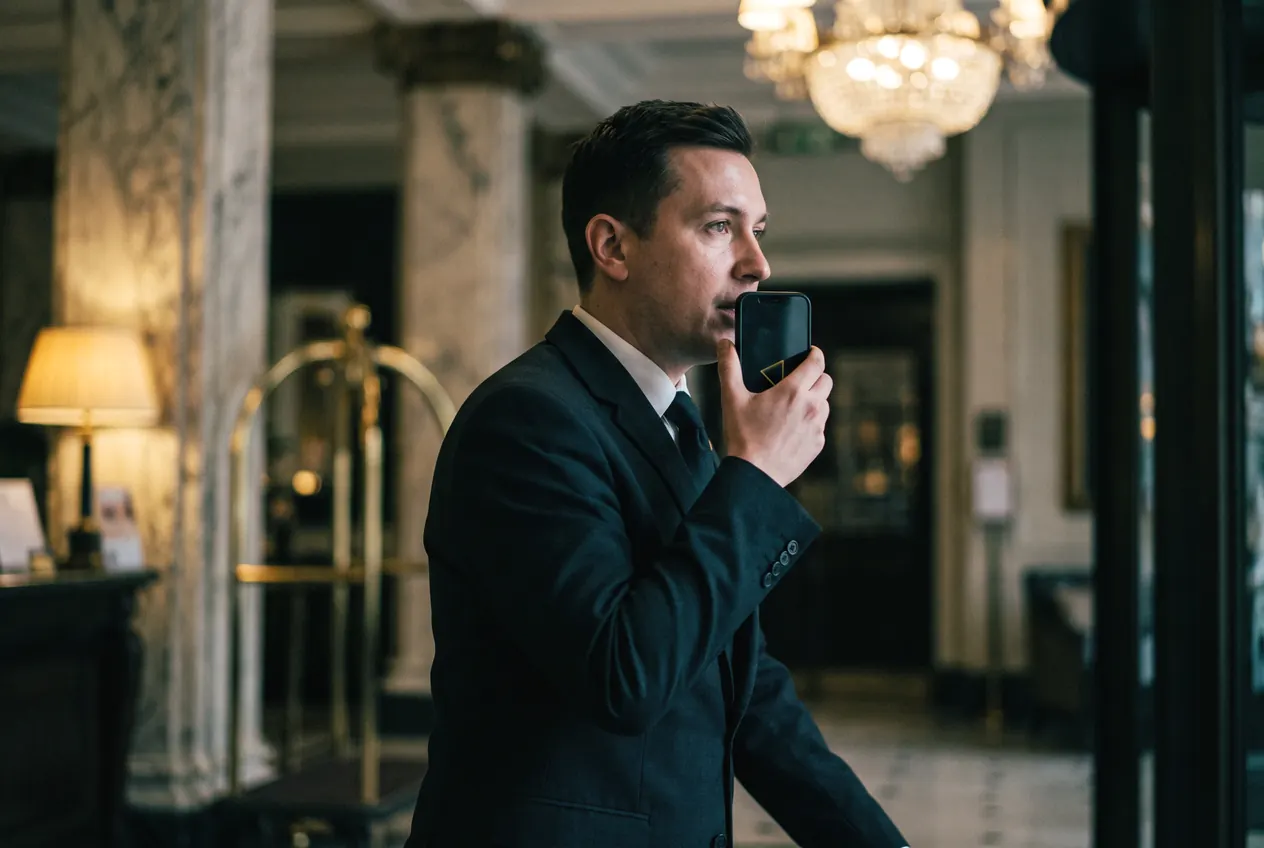 A hotel doorman speaking into a phone in a marble lobby beneath a chandelier