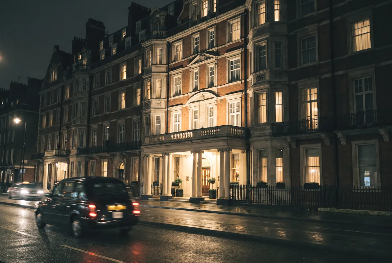 The lit frontage of a London townhouse hotel at night, a taxi passing on the wet road
