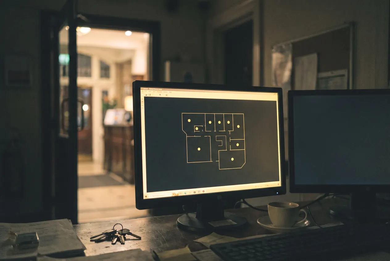 A back-office monitor showing a floor plan of the property, reception lit through the open door