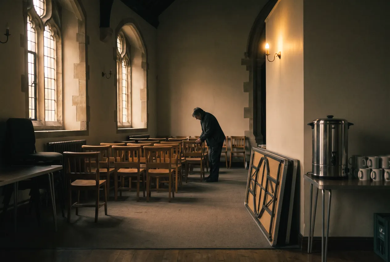 A volunteer setting out tables and chairs in a church hall