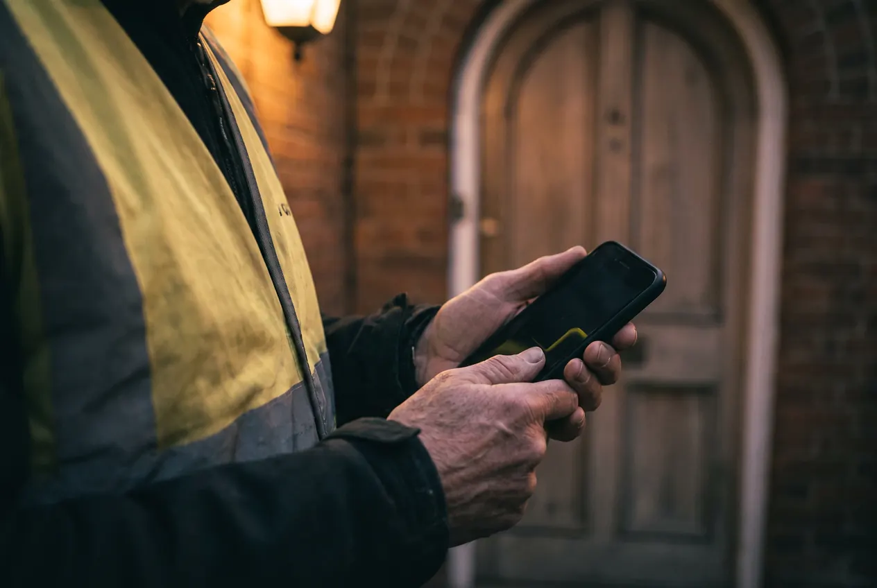 A steward in hi-vis reading a message on a phone outside a church door