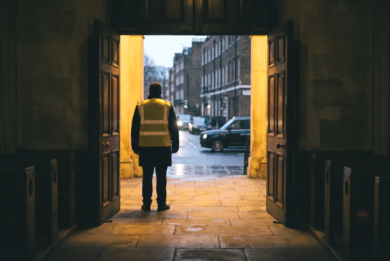 A steward in hi-vis standing in the open doorway of a church, looking out to the street