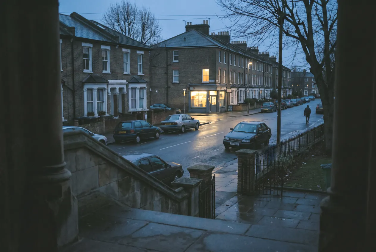 A residential street at dusk seen from the steps of a church