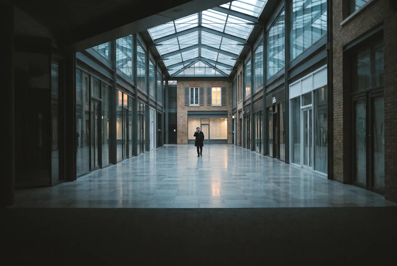 A lone figure on a phone in a glass-roofed shopping arcade lined with shopfronts