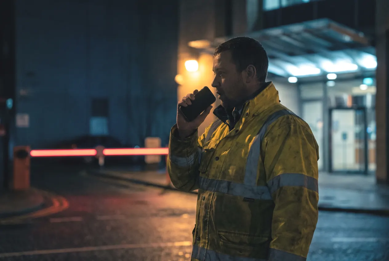 An officer in hi-vis speaking into a phone at a site barrier at night