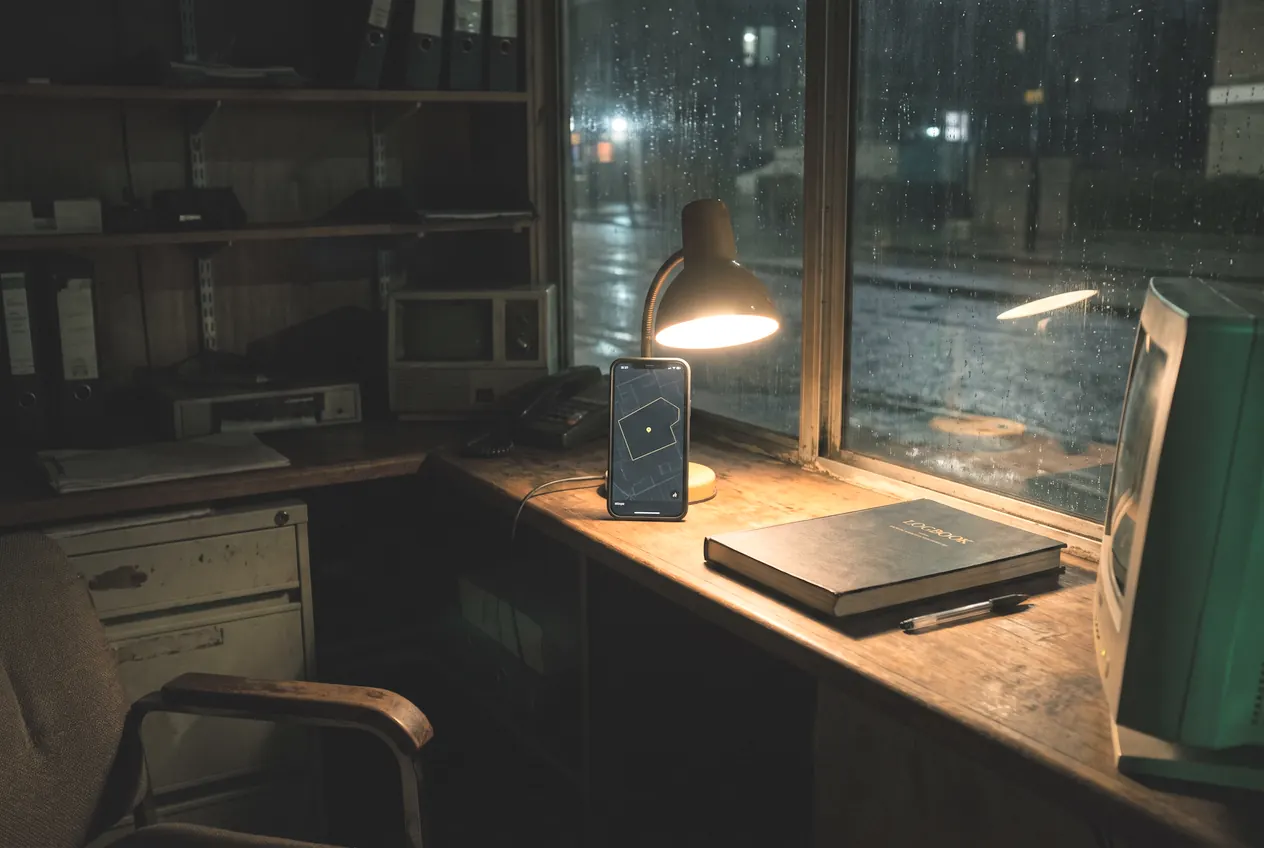 A gatehouse desk at night, a phone on a stand showing a zone map beside the rain-streaked window