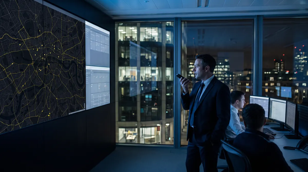 A manager on a radio in a high-rise operations room at night, a city map on the wall