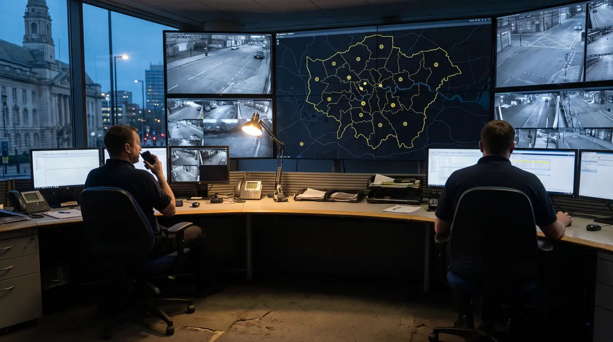 Two operators in a council CCTV control room, a borough map on the wall of screens