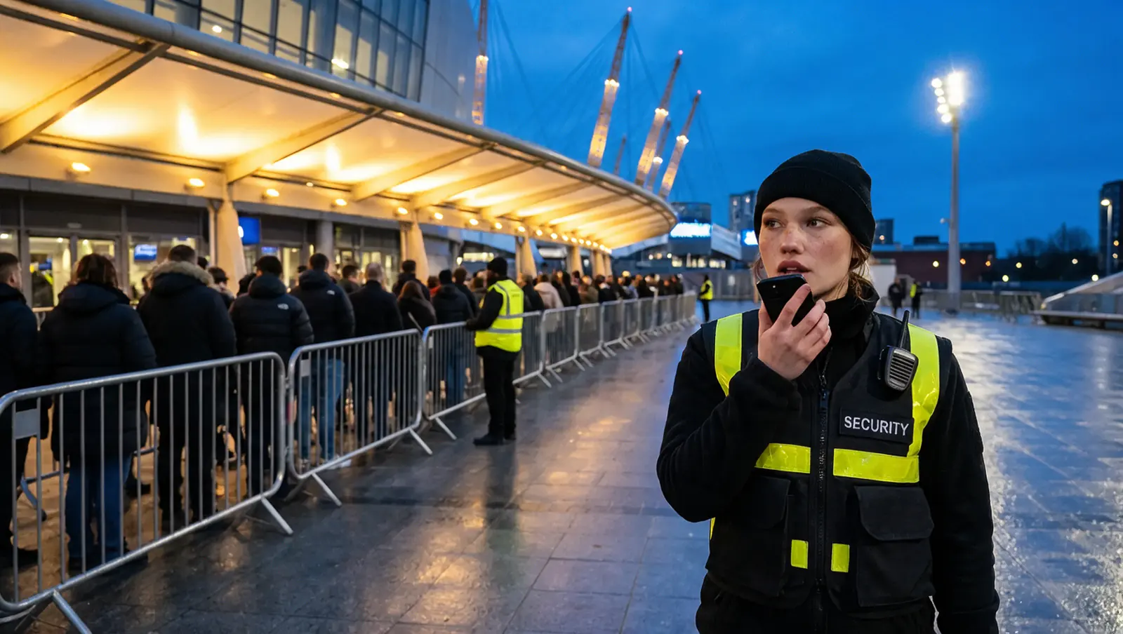 A steward on a radio outside an arena as the queue moves through the barriers