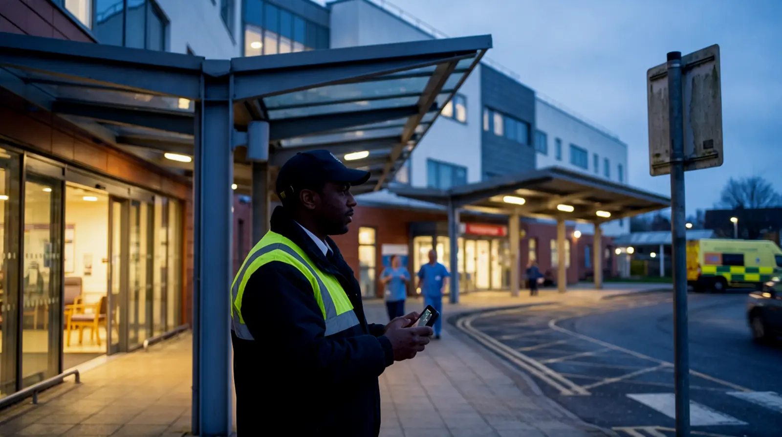 A security officer on a phone outside a hospital entrance at dusk