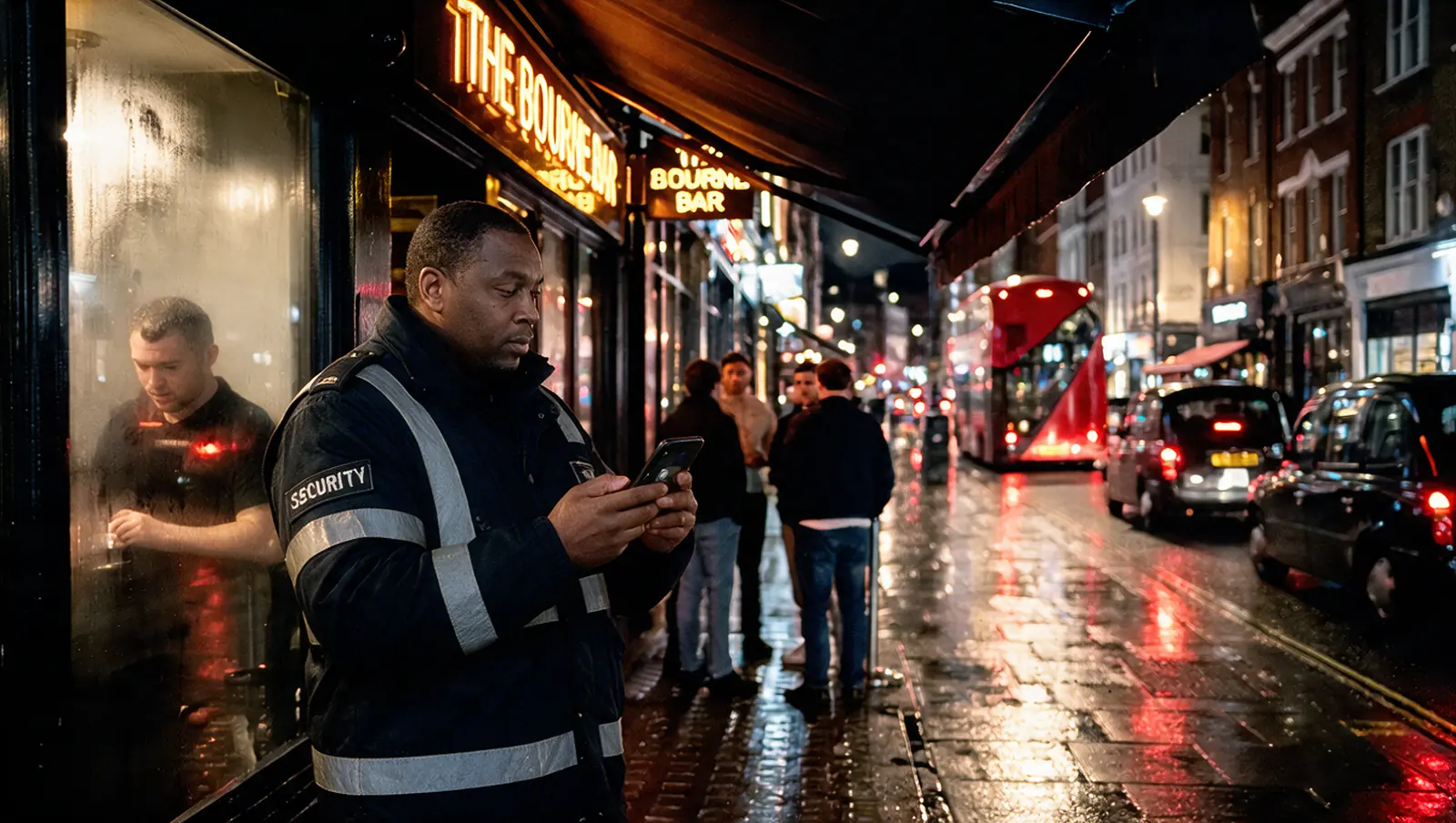 A door supervisor checking a phone on a bar-lined street at night