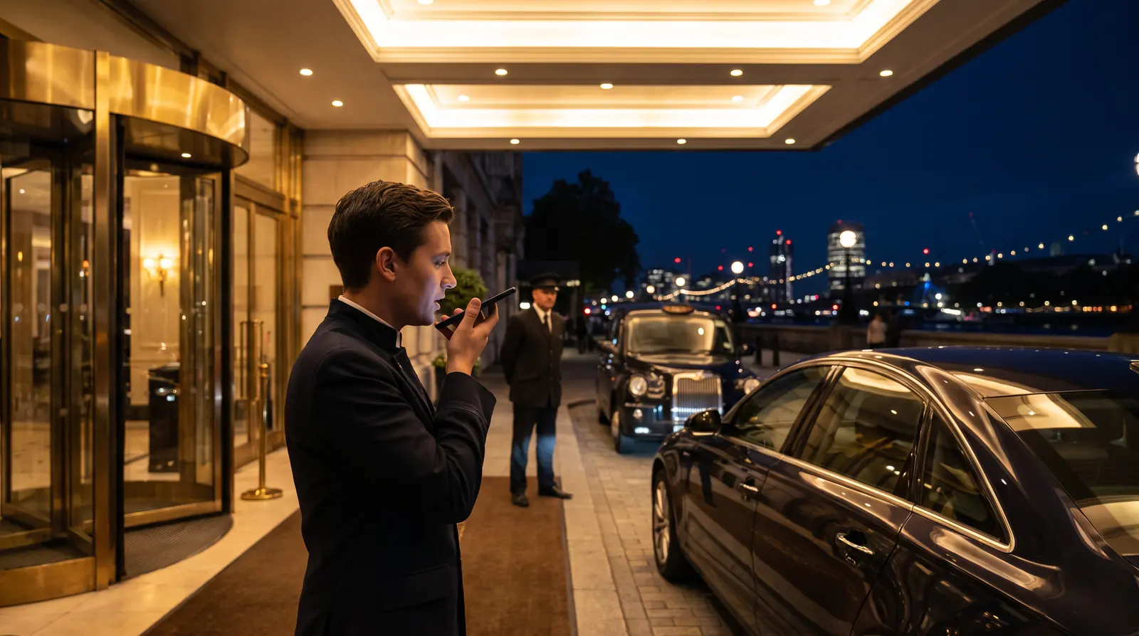 A hotel doorman on a radio under the canopy as cars pull up at night