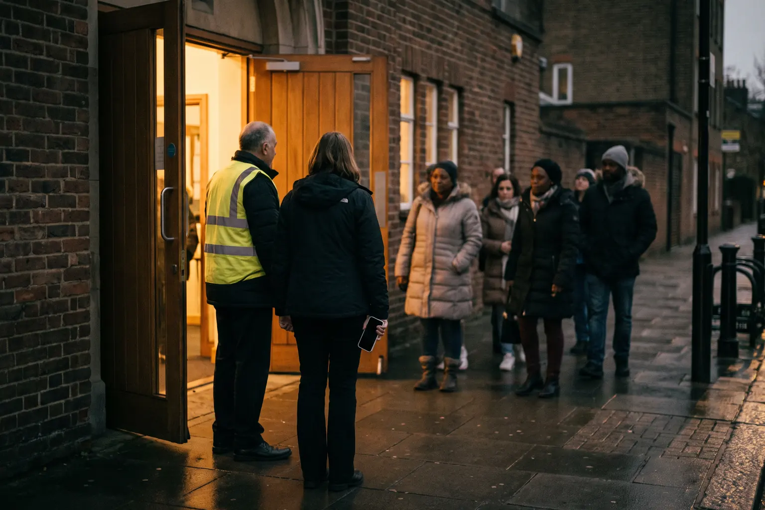 Volunteers welcoming people at the doors of a place of worship