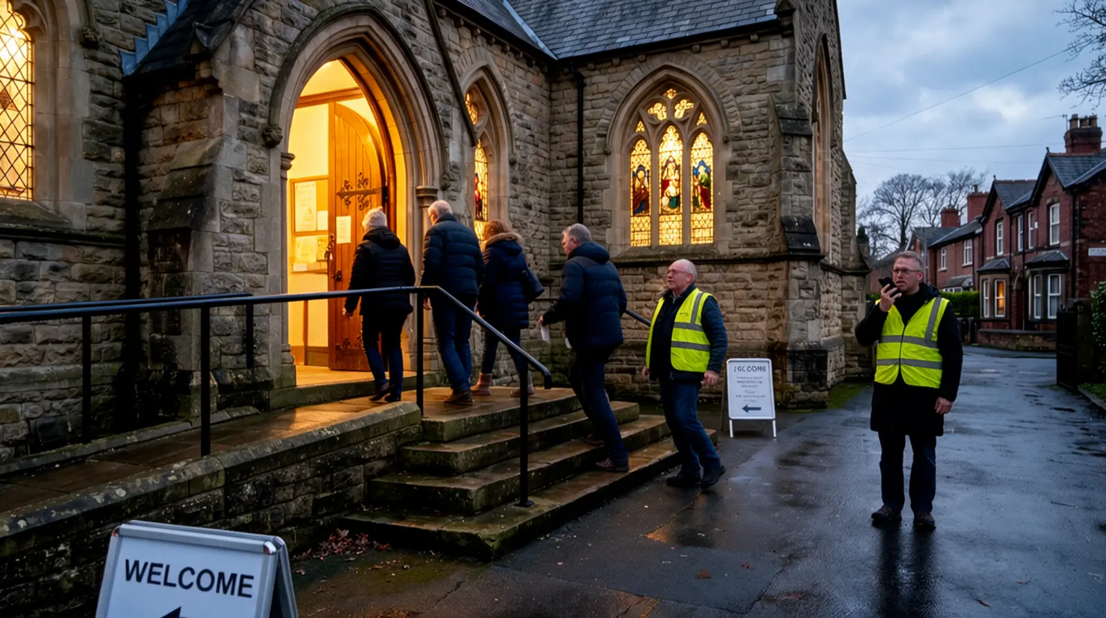 A steward on a radio outside a church as the congregation arrives