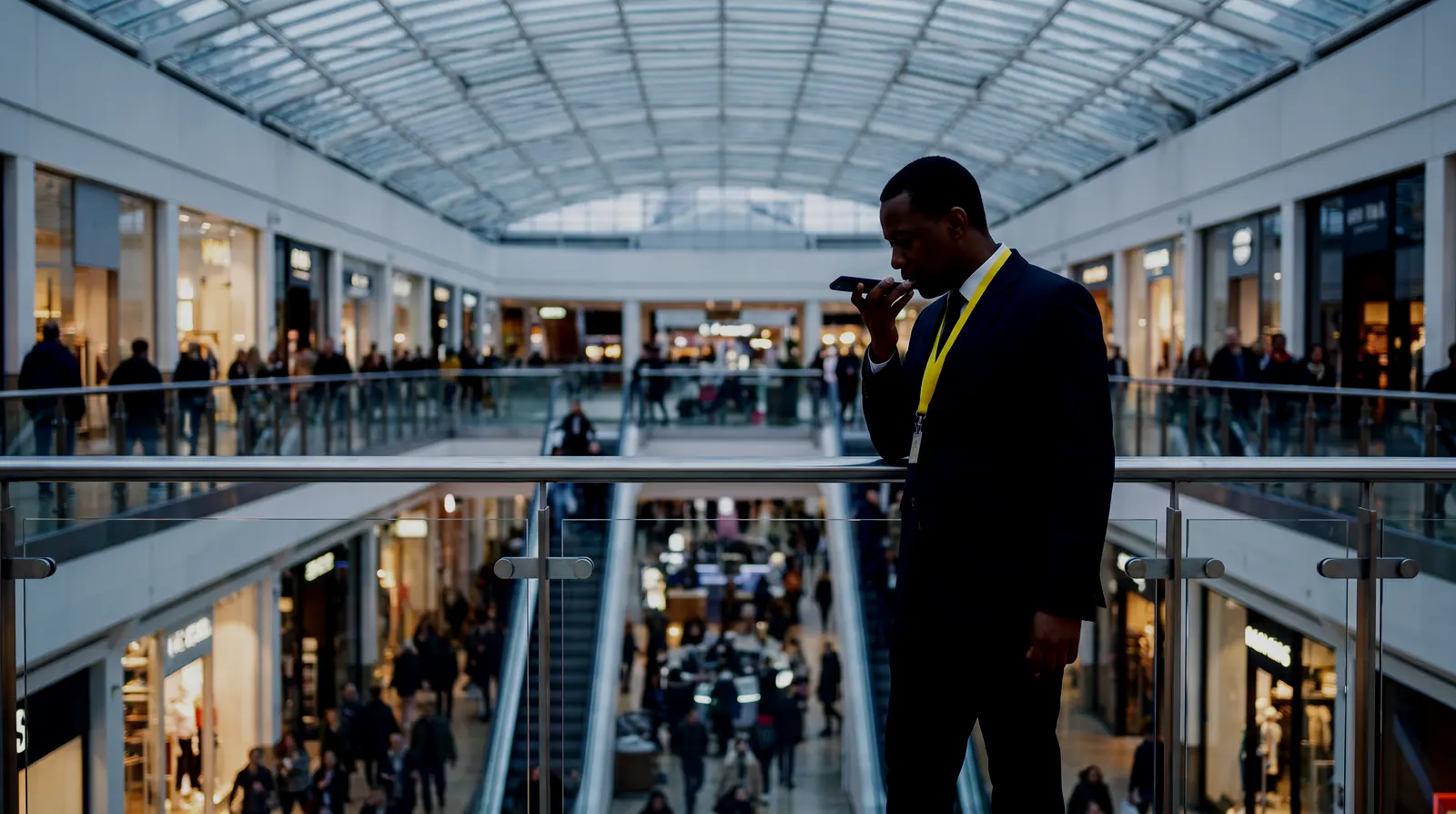 A centre manager on a radio above the floor of a busy shopping centre
