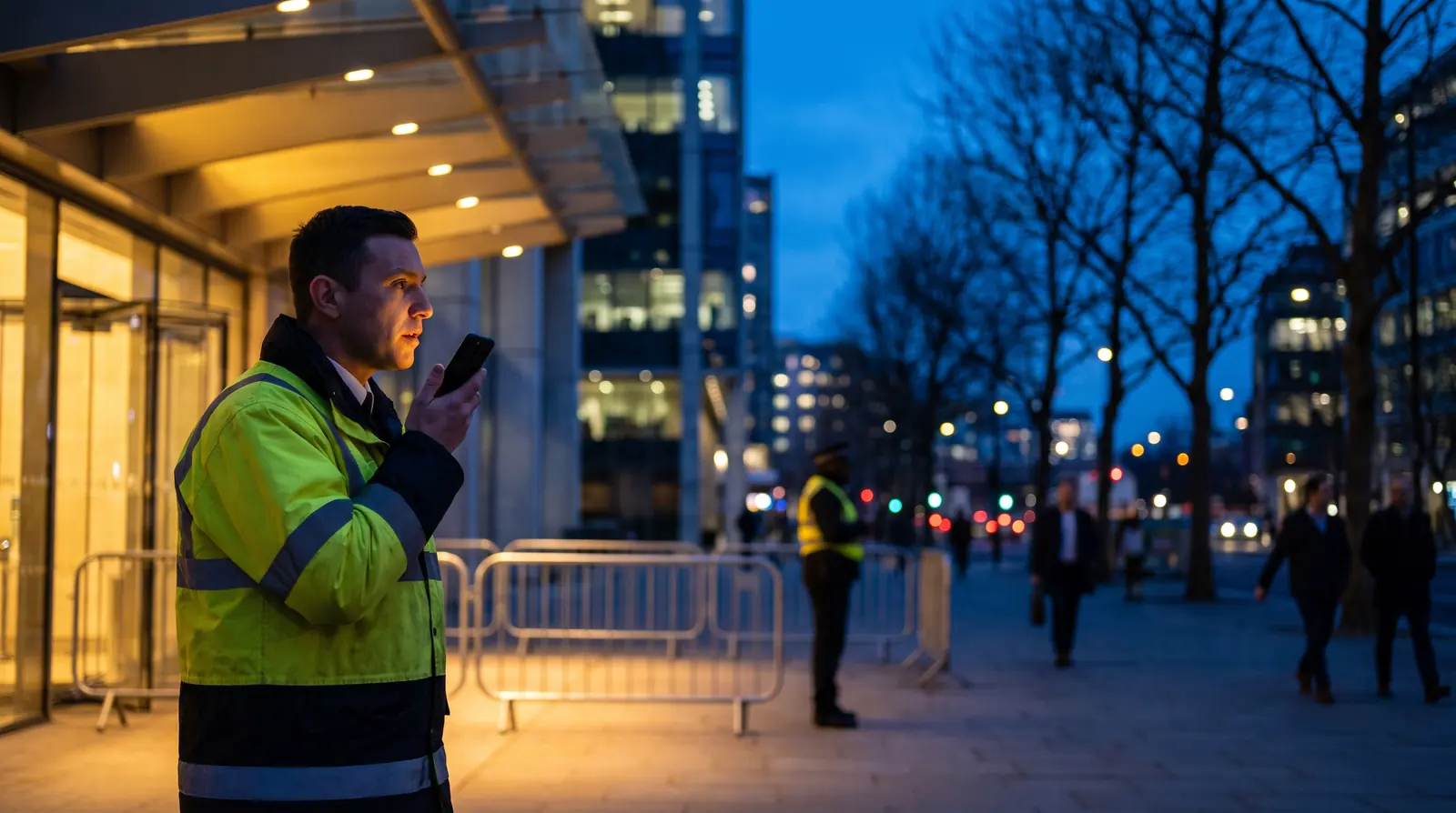 Security officer working outside a local business