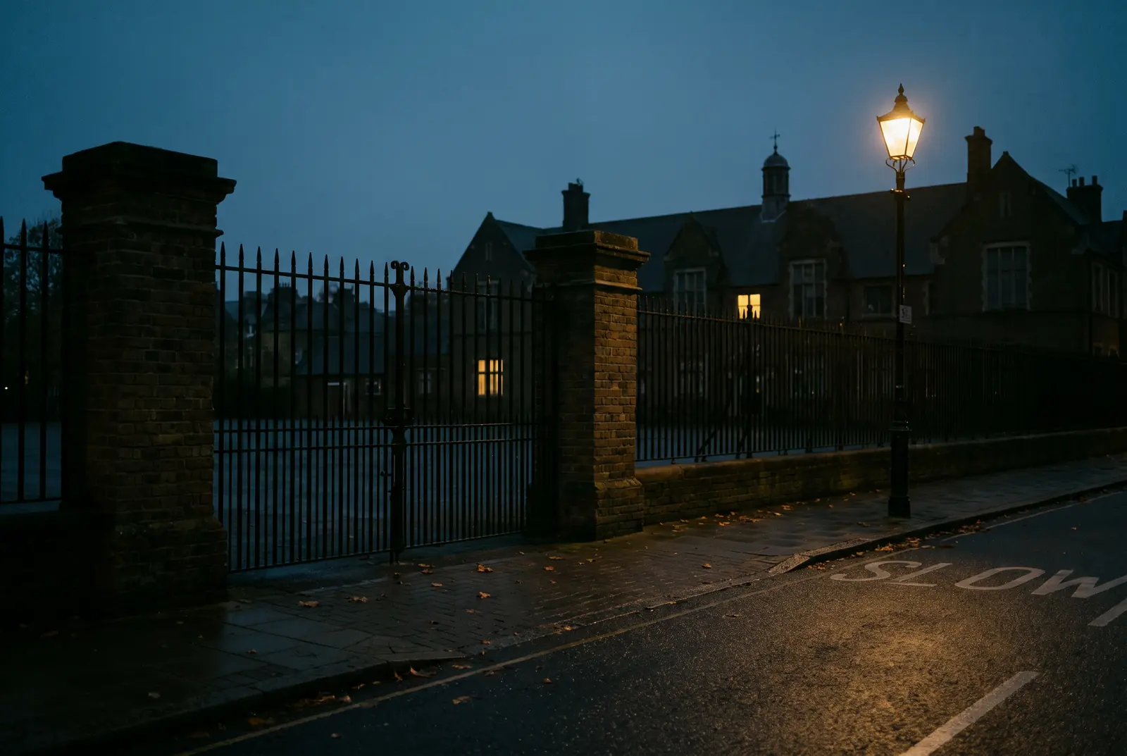 A school behind railings at dusk, a street lamp lit at the gate and one window still on