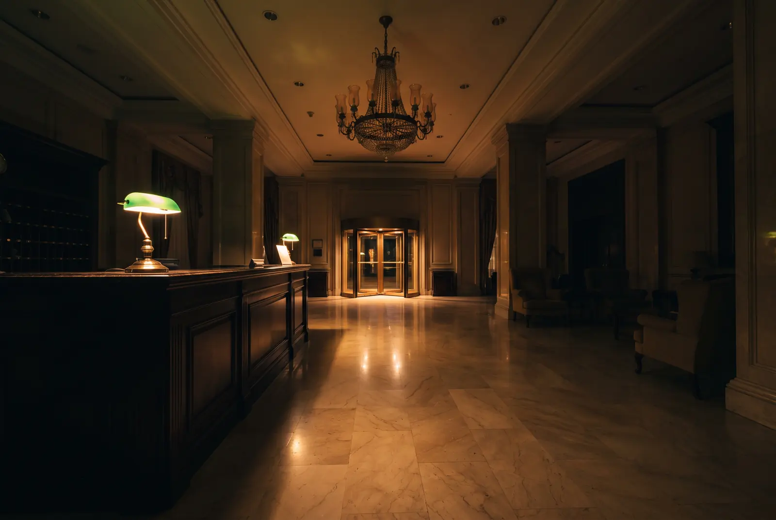 A hotel lobby at night, the reception desk lamp lit and the revolving door glowing at the far end