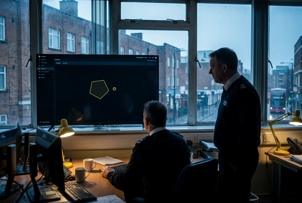 Two supervisors at a command desk reviewing a zone map on screen