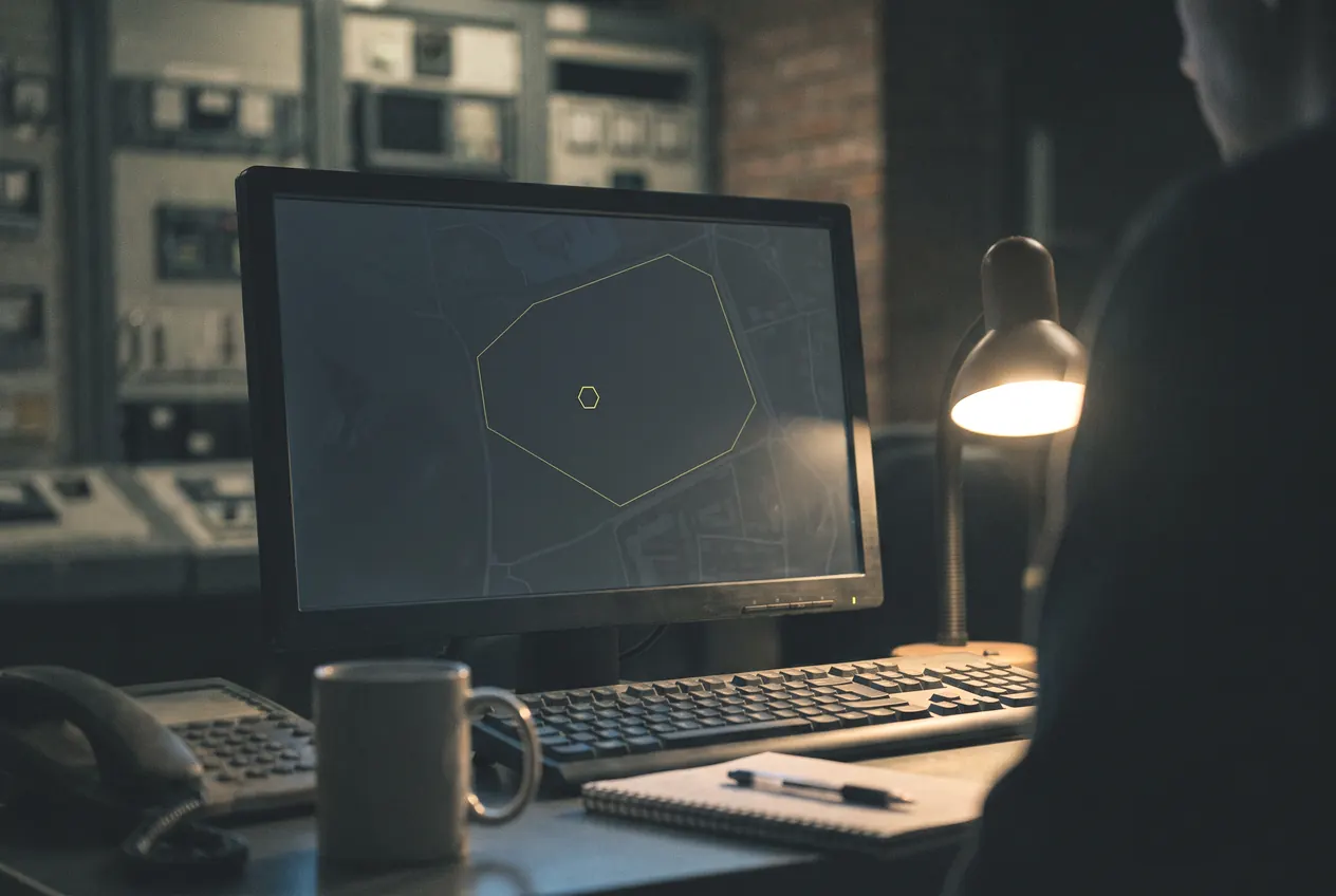 A control-room desk at night with a zone map open on the monitor