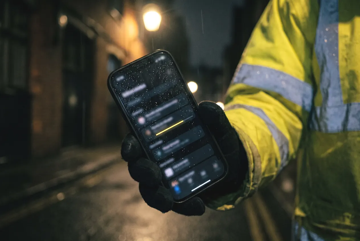 An officer in a hi-vis jacket holding a phone showing the OnSiren channel on a wet street at night
